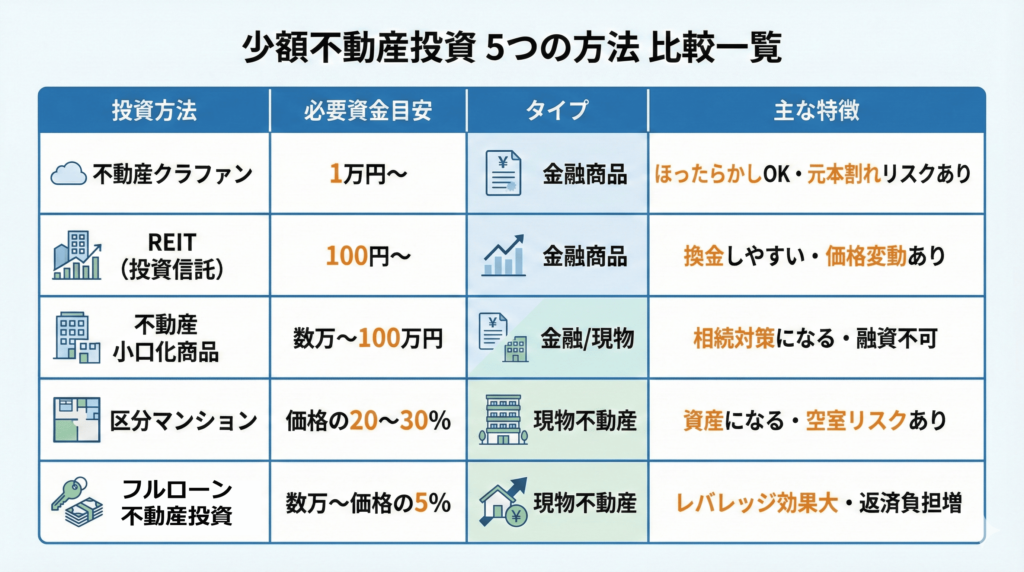 少額で不動産投資をする5つの方法