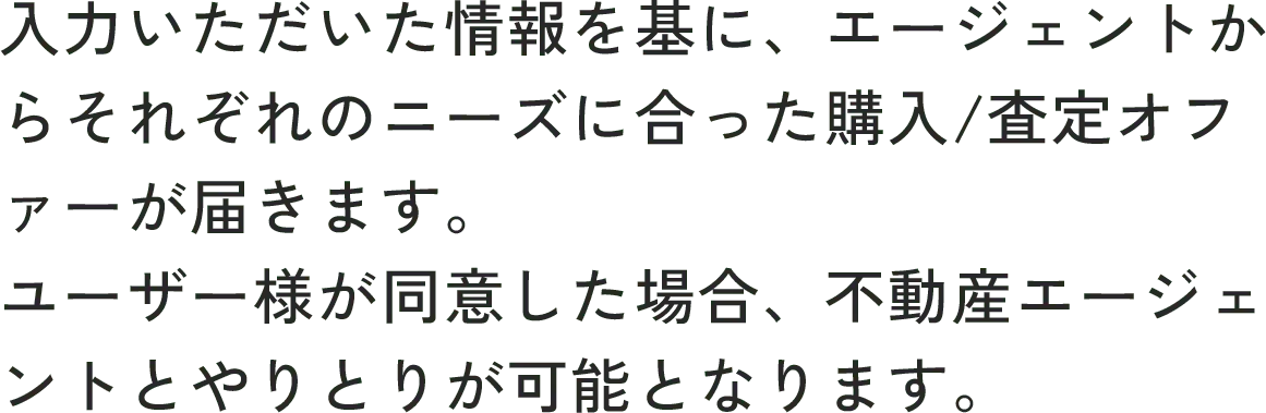 入力いただいた情報を基に、エージェントからそれぞれのニーズに合った購入/査定オファーが届きます。ユーザー様が同意した場合、不動産エージェントとやりとりが可能となります。